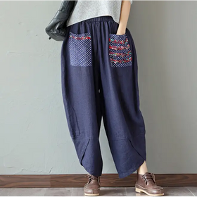 Loose Ethnic Style Cotton Linen Wide Leg Pants for Women