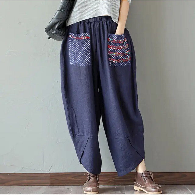 Loose Ethnic Style Cotton Linen Wide Leg Pants for Women