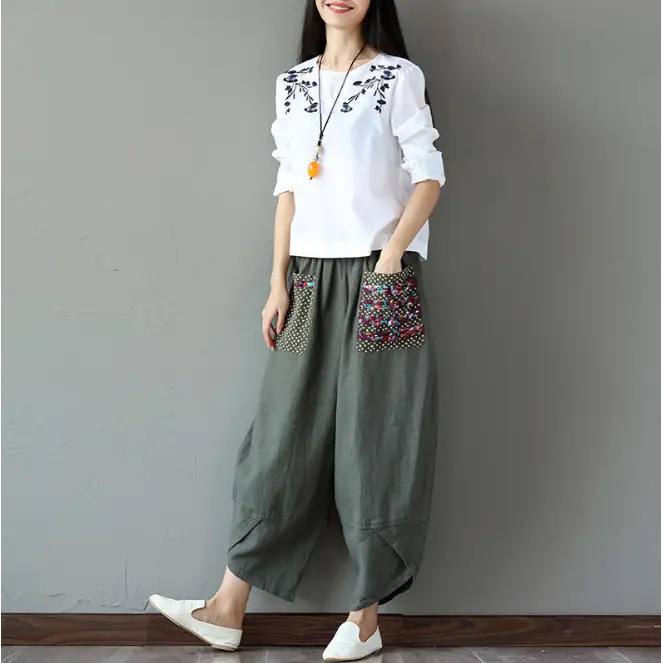Loose Ethnic Style Cotton Linen Wide Leg Pants for Women