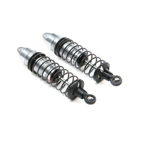 A pair of black and silver rc car shock absorbers with coiled springs.