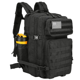 Black tactical backpack with a mesh side pocket holding a yellow and black water bottle, featuring an american flag patch on the front.