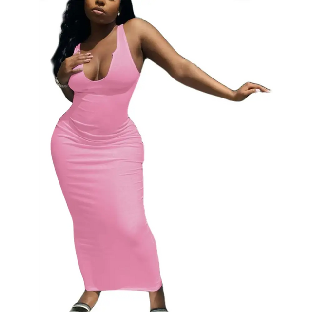 A form-fitting pink midi dress with a deep scoop neckline and ruched detailing along the sides.
