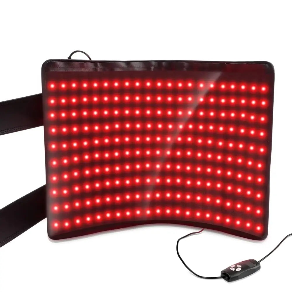 Red led light therapy belt with a black adjustable strap and control unit.