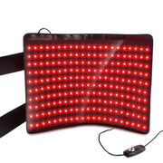 Red led light therapy belt with a black adjustable strap and control unit.