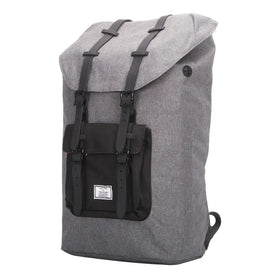 Gray heathered canvas backpack with black straps and front pocket, featuring a minimalist design.