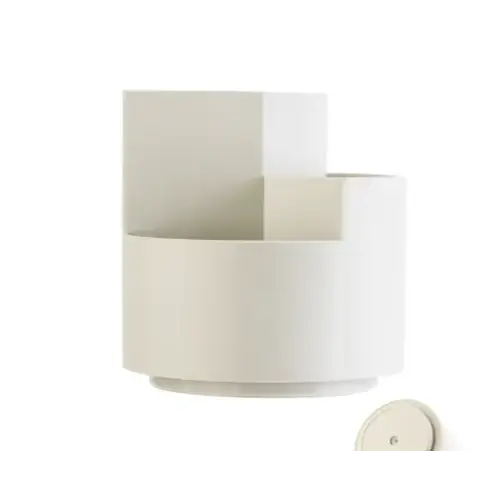 Minimalist white ceramic organizer with clean geometric design and tiered compartments.
