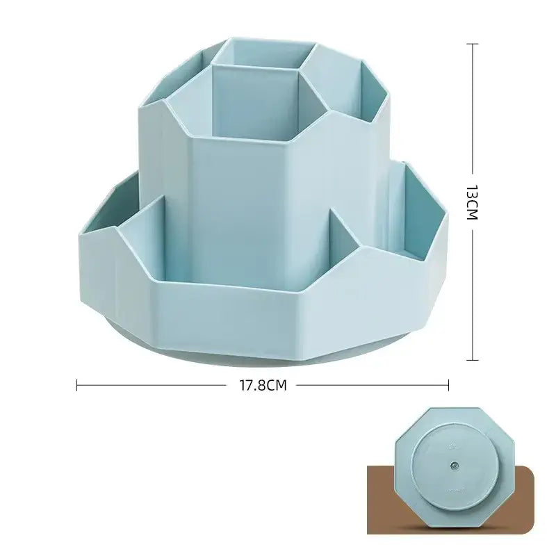 Light blue octagonal plastic desk organizer with multiple compartments