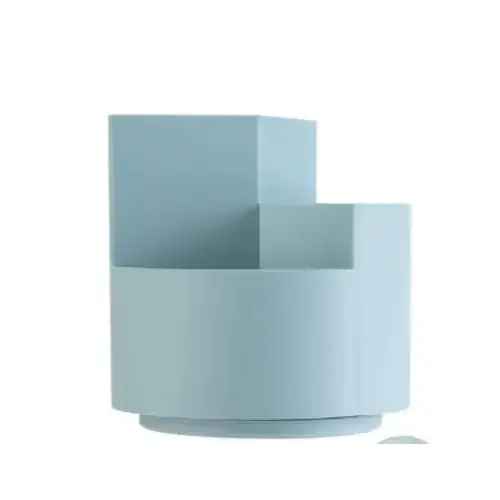 Light blue geometric desk organizer with tiered compartments and a circular base