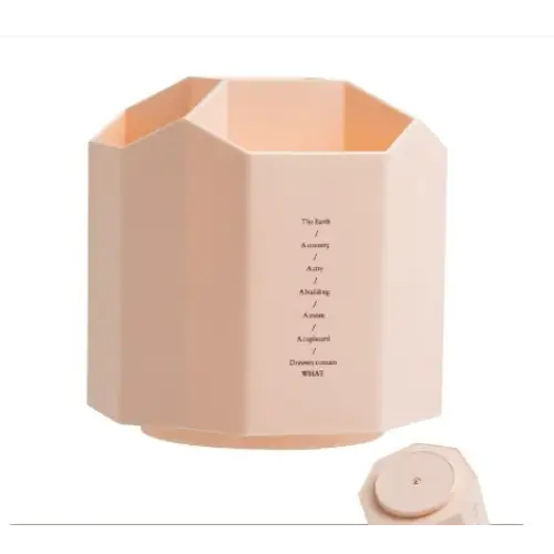 Beige octagonal desk organizer with a minimalist design and subtle text printed on its side.