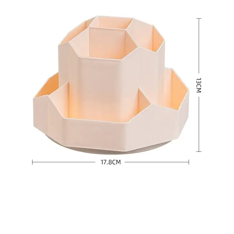 Beige octagonal multi-compartment desk organizer with a tiered design.