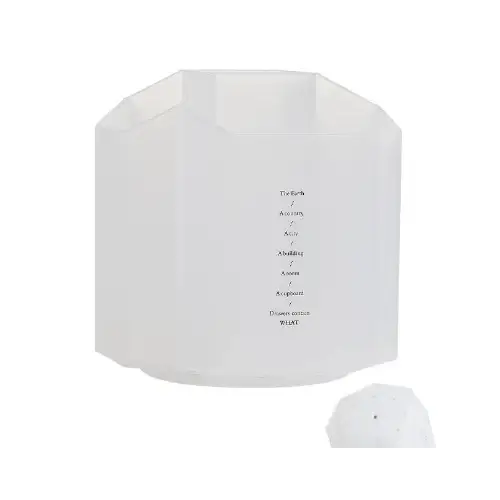 A translucent white, geometrically shaped collapsible pouch with a minimalist black text design on its front.