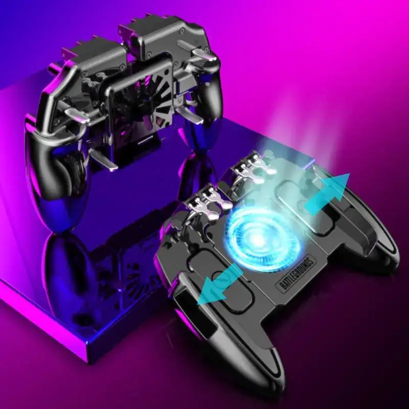 Black gaming controller with a glowing blue circular light on the front and an attached cooling fan system.