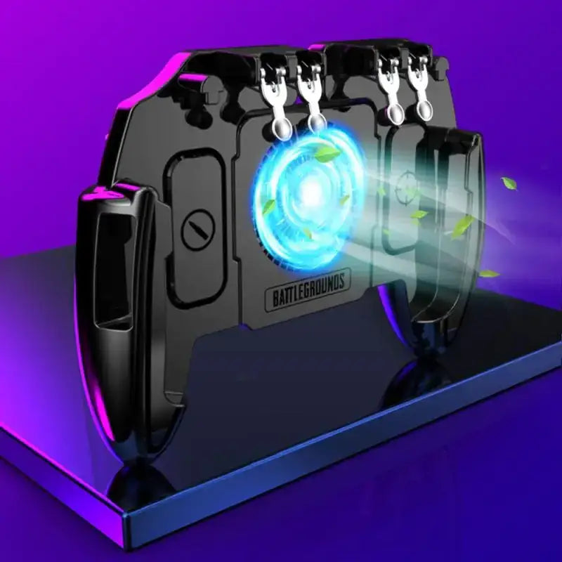 Black gaming controller with a glowing blue circular fan and four silver trigger levers, featuring the ’battlegrounds’ branding.