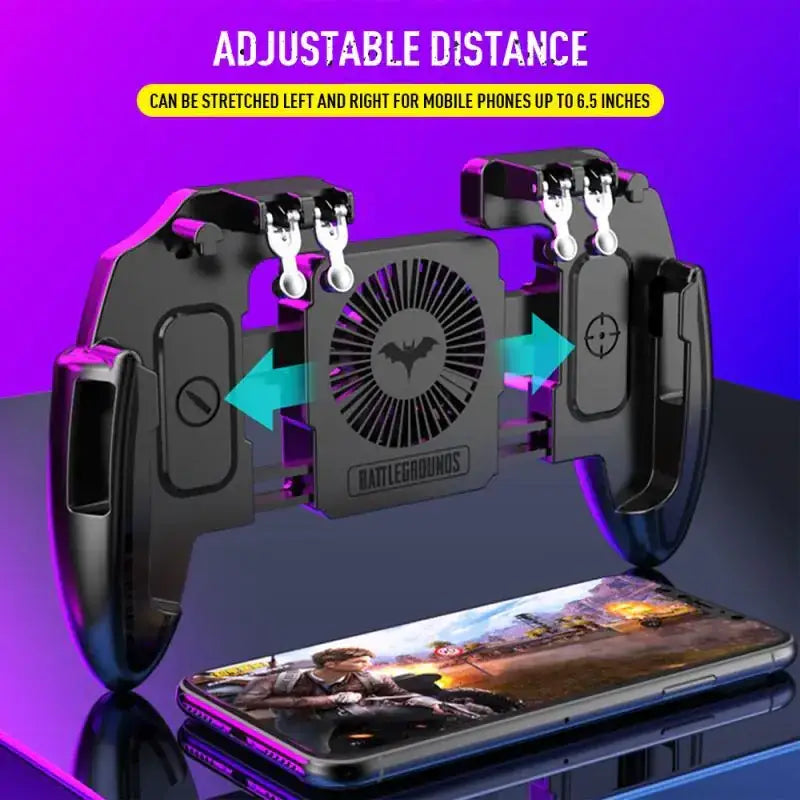Black plastic gaming controller with adjustable distance for phones up to 6.5 inches, featuring a central fan with a bat logo and ’battlegrounds’ branding.