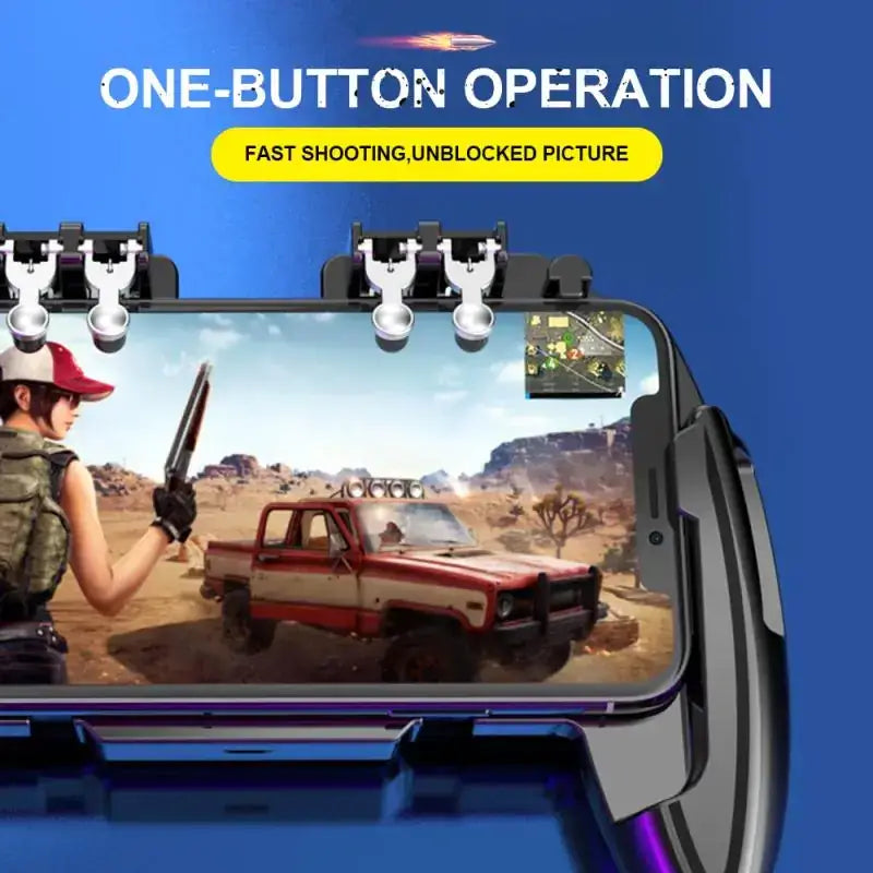 Black and silver gaming phone controller with three trigger buttons mounted above the screen.