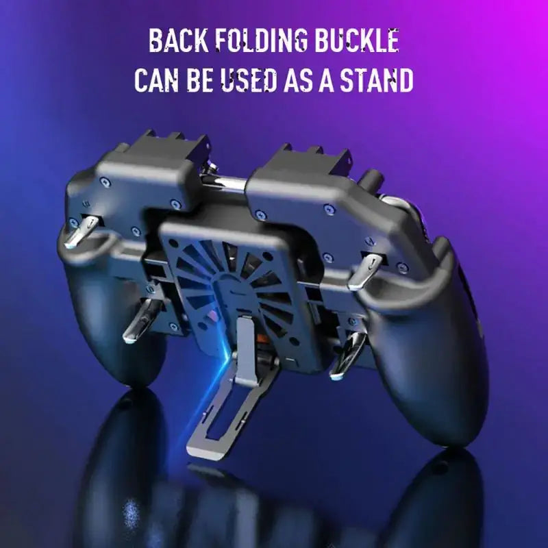 Black and silver gaming controller with a back folding buckle that can be used as a stand