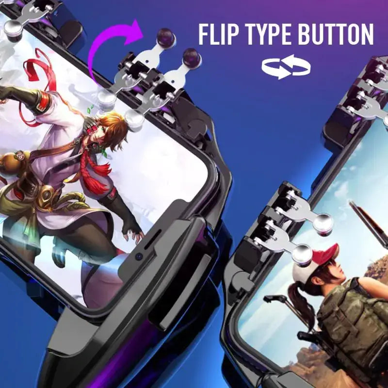 Black and silver flip-type button attachment for gaming phones.