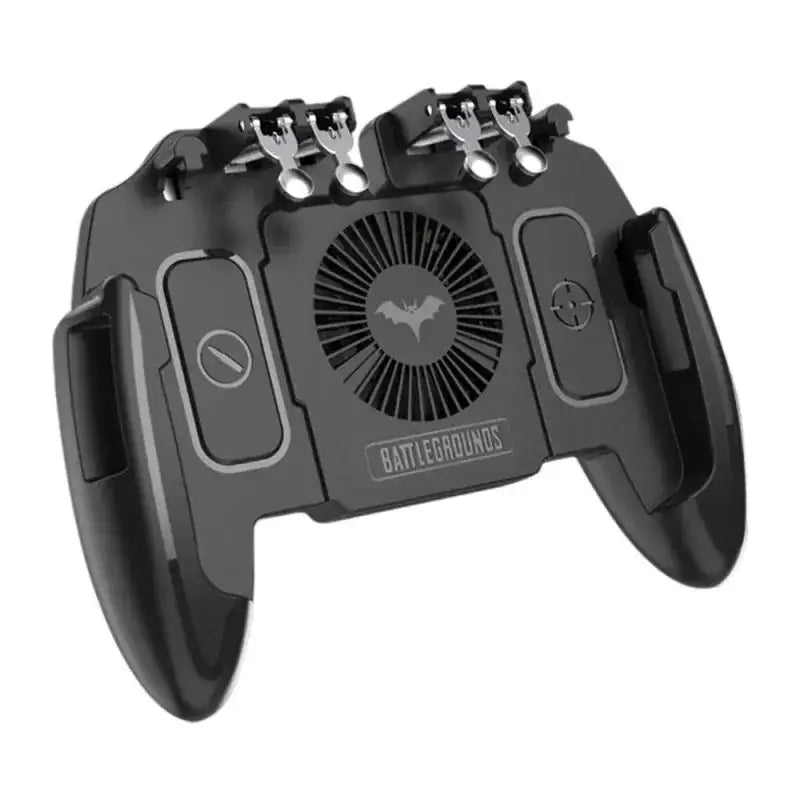 Black battlegrounds gaming controller with dual analog sticks, a central cooling fan featuring a bat logo, and ergonomic grips.
