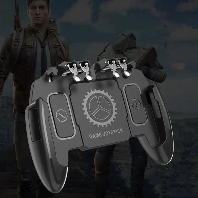 Gray metallic game joystick with four silver trigger buttons and a gear emblem on the center.