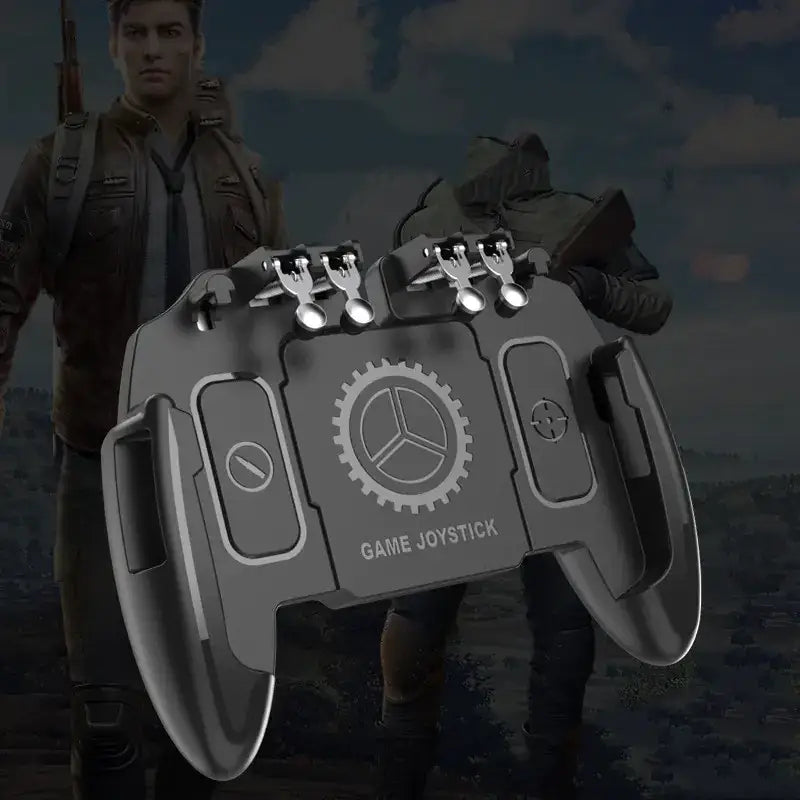Gray metallic game joystick with four silver trigger buttons and a gear emblem on the center.