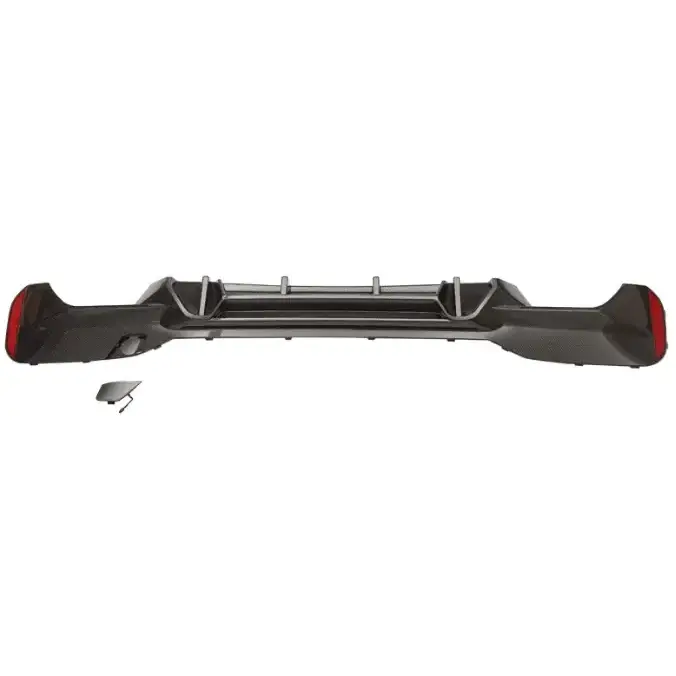 Black carbon fiber rear bumper with integrated red taillight housings and a central diffuser design.