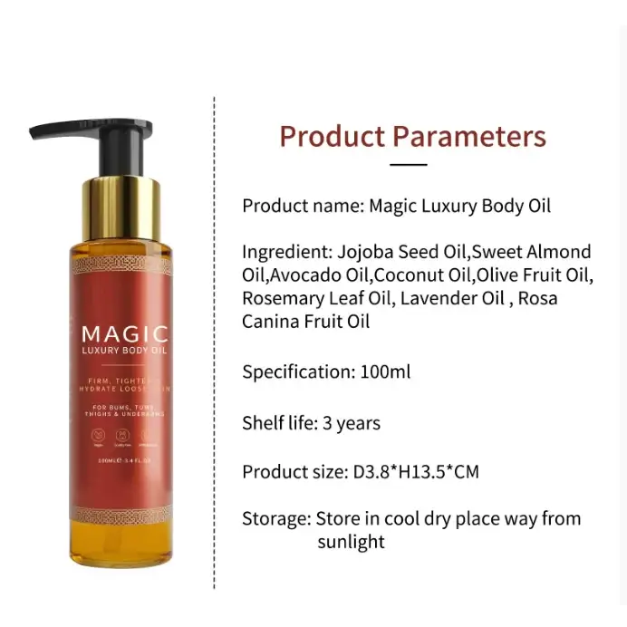 A sleek 100ml bottle of magic luxury body oil with a gold pump and amber glass, featuring an elegant red label adorned with intricate patterns.