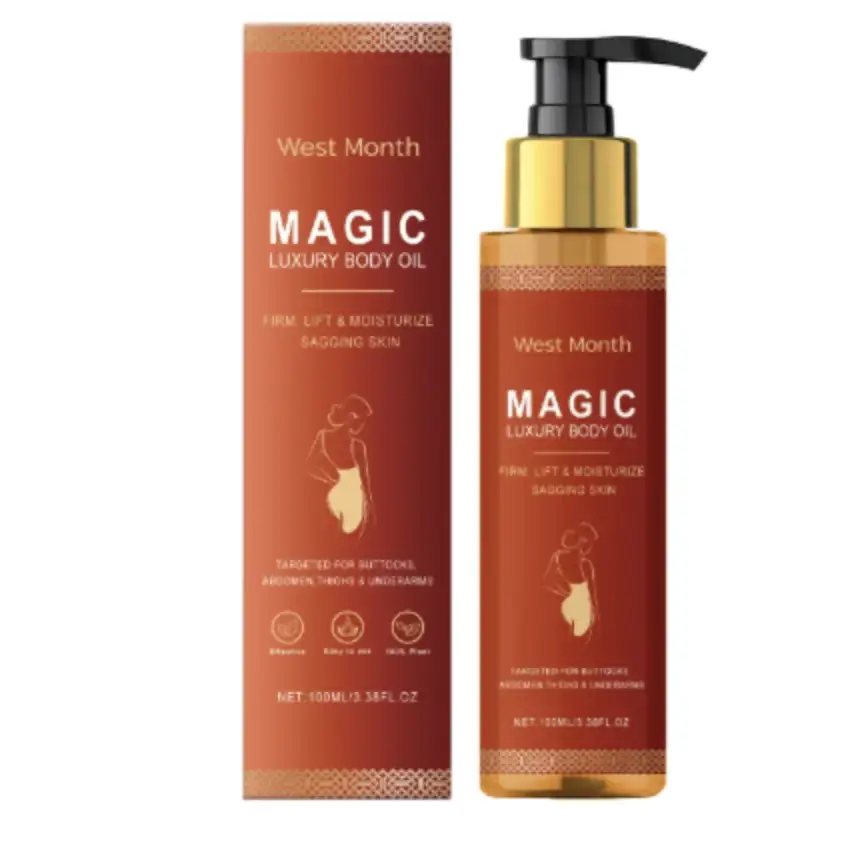 West month magic luxury body oil in a sleek amber glass bottle with gold accents and black pump, presented beside its matching reddish-brown packaging.