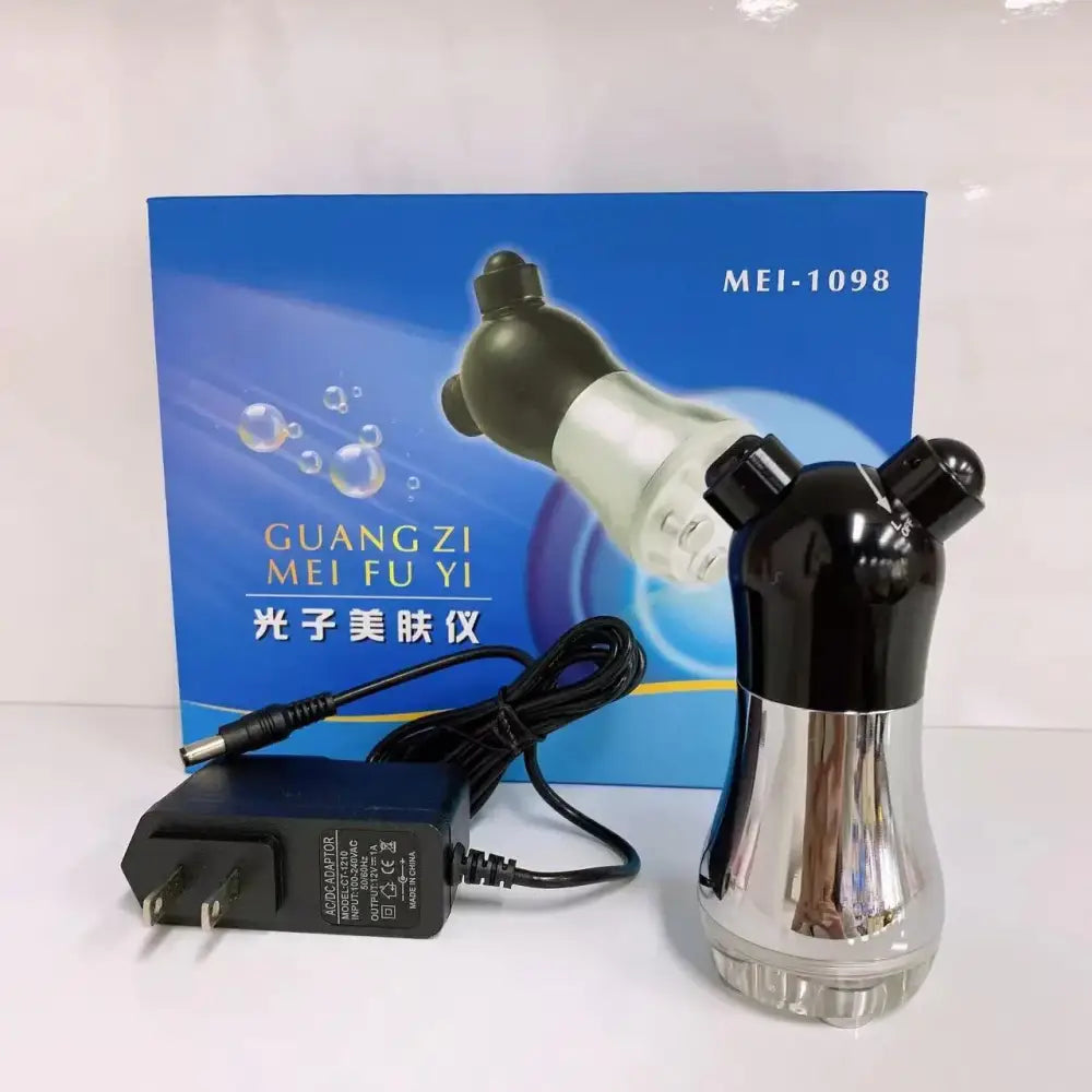 Silver and black handheld facial beauty device with a glossy finish, model mei-1098.