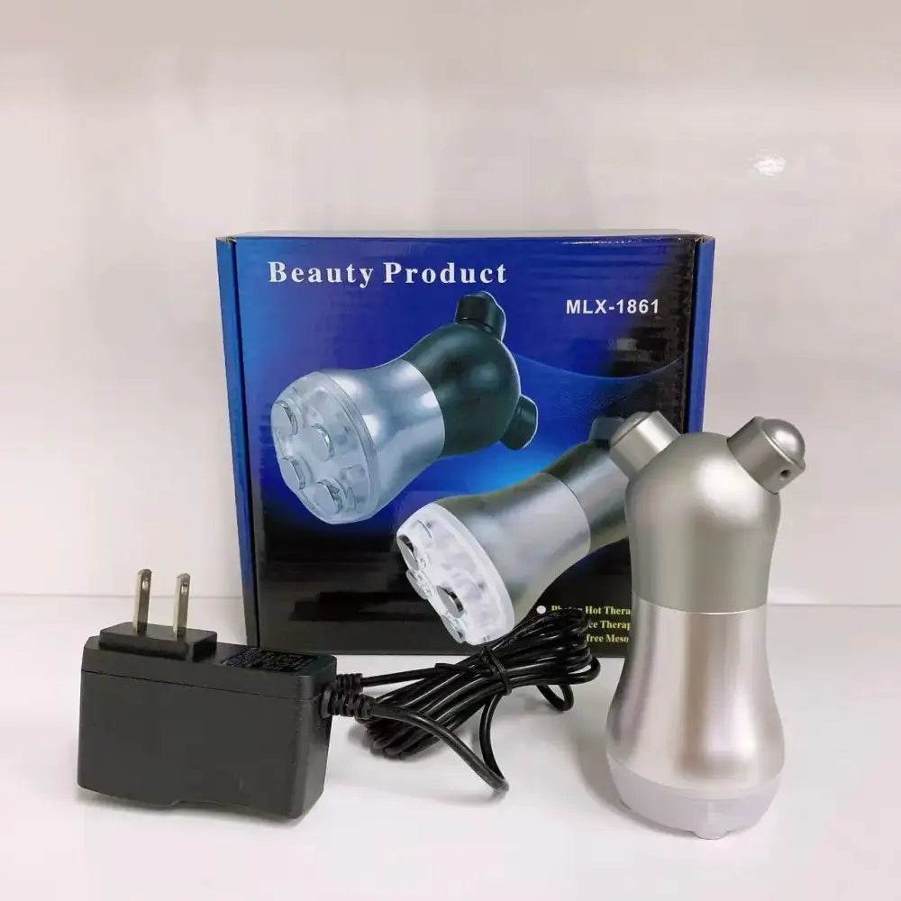 Silver and black handheld facial device with a translucent head housing multiple led lights, model mlx-1861.