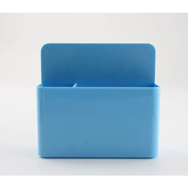 Blue plastic wall-mounted organizer with a hinged lid and internal compartment.