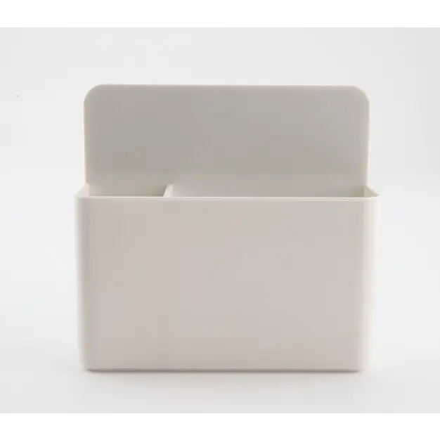 Minimalist off-white plastic wall-mounted organizer with a rectangular base and two compartments.