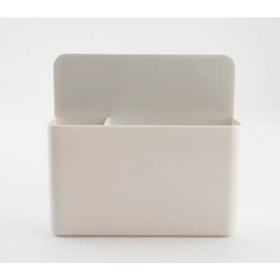 Minimalist off-white plastic wall-mounted organizer with a rectangular base and two compartments.