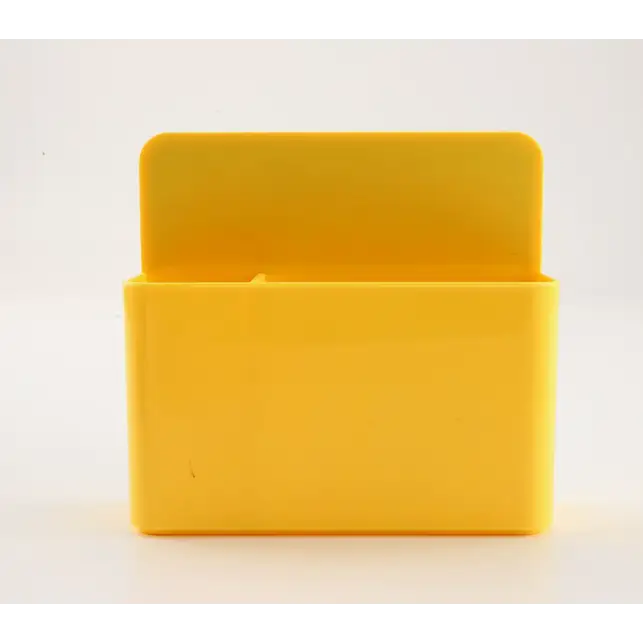 Bright yellow plastic card holder with a hinged lid and minimalist design.