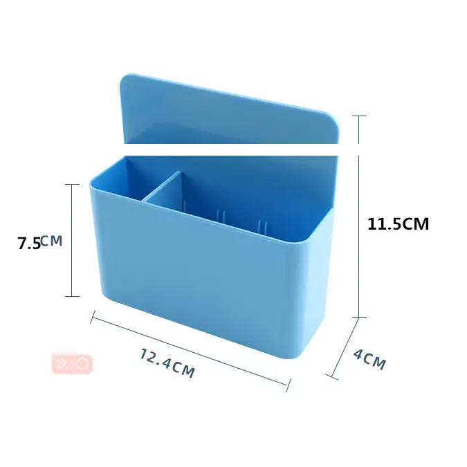 Blue plastic rectangular storage box with a hinged lid and internal compartments.
