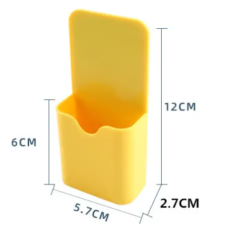 Bright yellow plastic wall-mounted toothbrush holder with a rectangular shape and rounded edges.