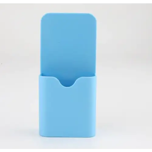 Light blue plastic business card holder with a simple rectangular design and rounded edges.