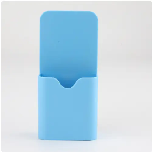 Light blue plastic business card holder with a rectangular shape and a cutout at the top for easy access.