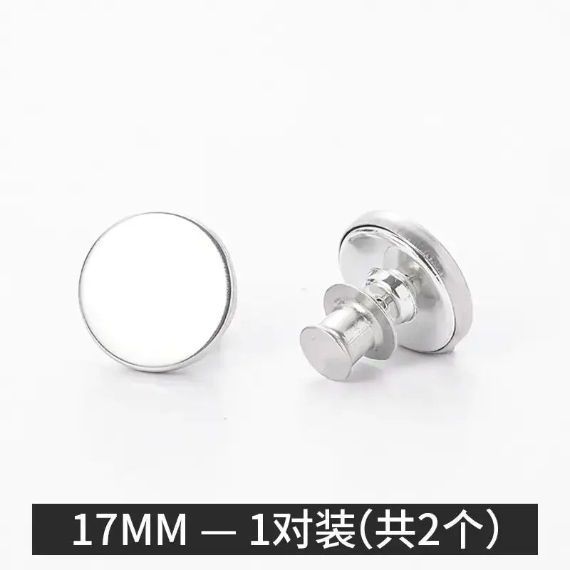 Silver-toned, 17mm snap buttons with a smooth, round face and metallic back mechanism.