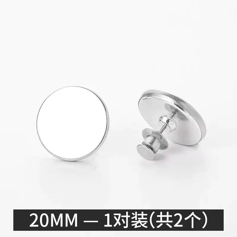 Silver-toned, 20mm circular pin-back buttons with a smooth metallic finish and flat back design.