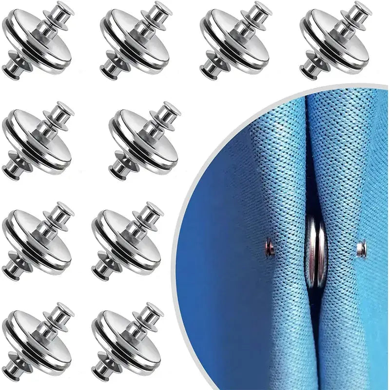 Shiny chrome-colored metal shirt button fasteners with a circular, two-part design for securing fabric.