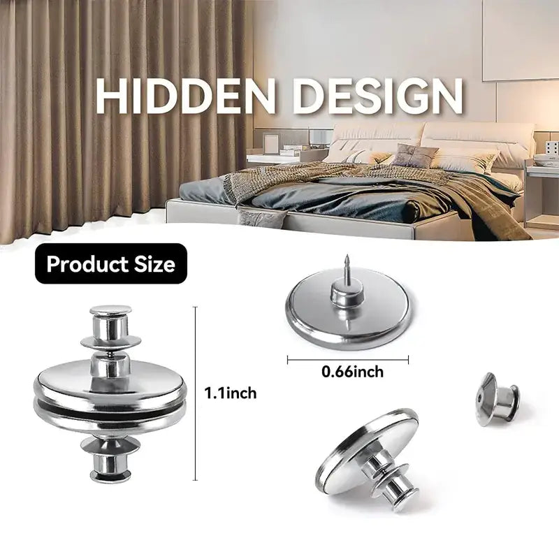 Shiny silver metal button with a hidden design, featuring a circular base and a central pin for discreet fastening.