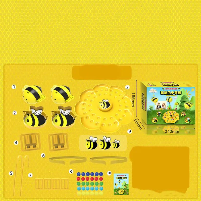 Yellow plastic bee-themed toy set with black stripes and white wings, featuring a honeycomb-shaped centerpiece.