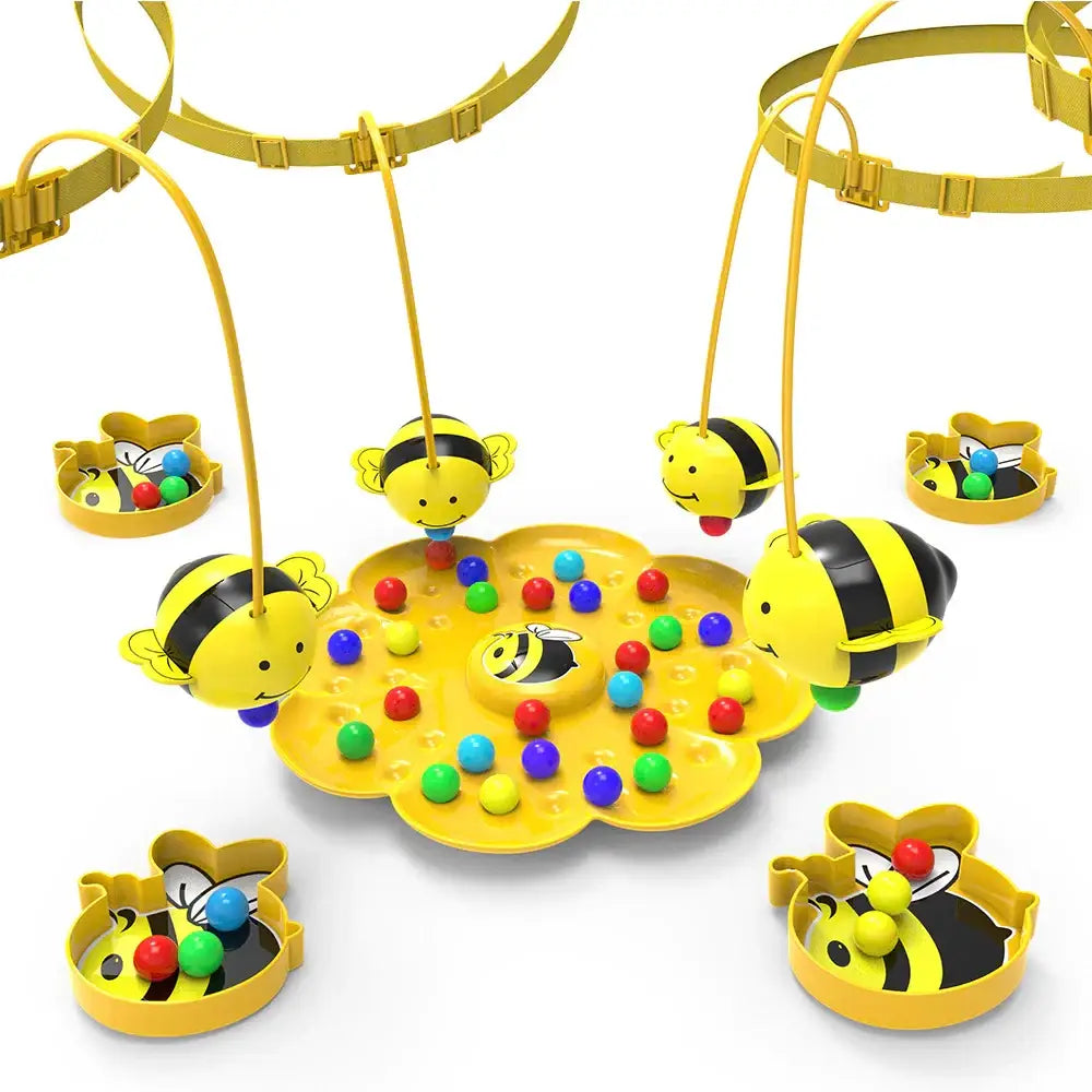 Yellow plastic bee-themed fishing game with colorful balls and hanging bee-shaped hooks.