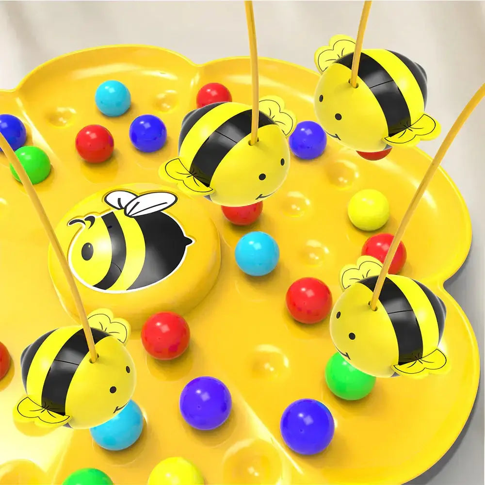Yellow plastic bee-themed peg game with colorful balls and black-and-yellow striped bee figures.