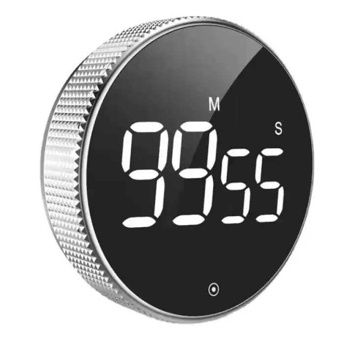 Silver digital timer with a textured, knurled edge and black display showing ’99:55’’ in white led numerals.