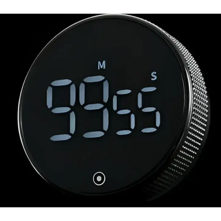 Black circular digital timer with a textured metallic side and glowing blue numerals displaying ’99:55’’.