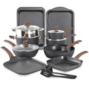 Black speckled non-stick cookware set with wooden handles and stainless steel lids.
