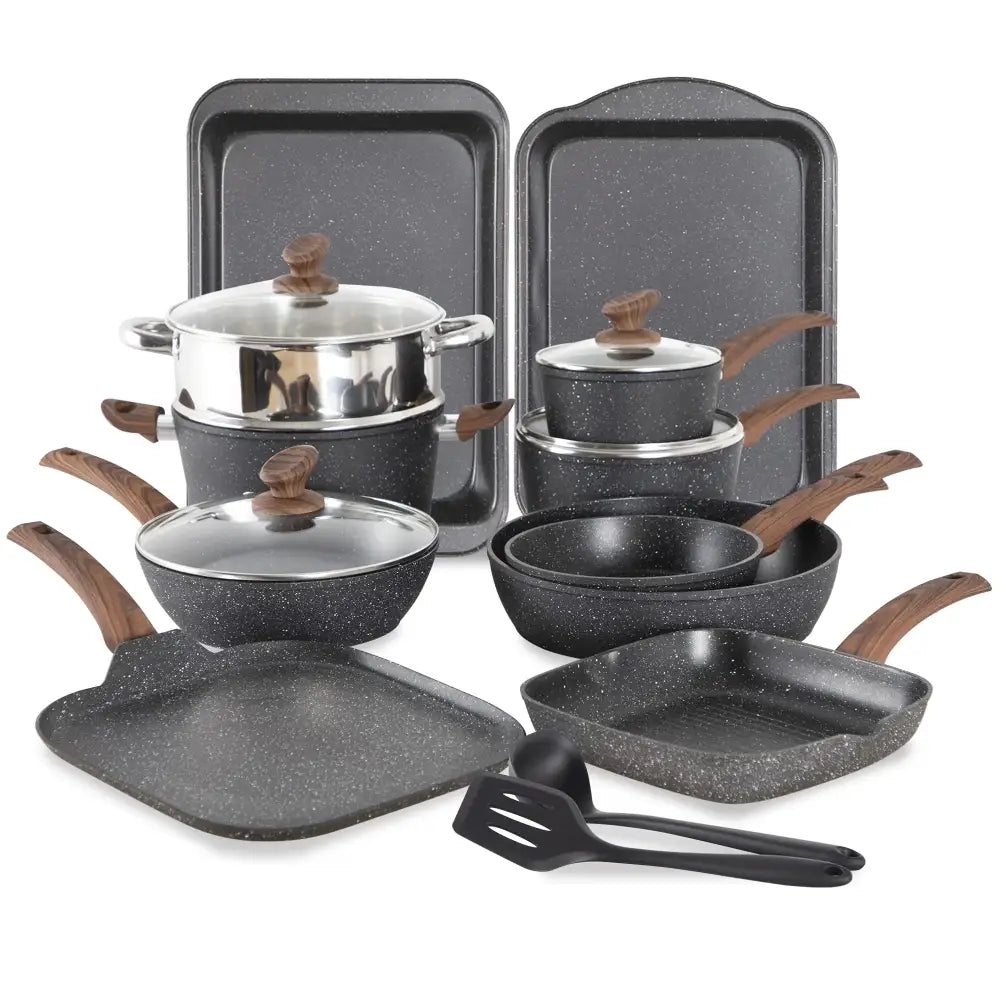 Black speckled non-stick cookware set with wooden handles and stainless steel lids.
