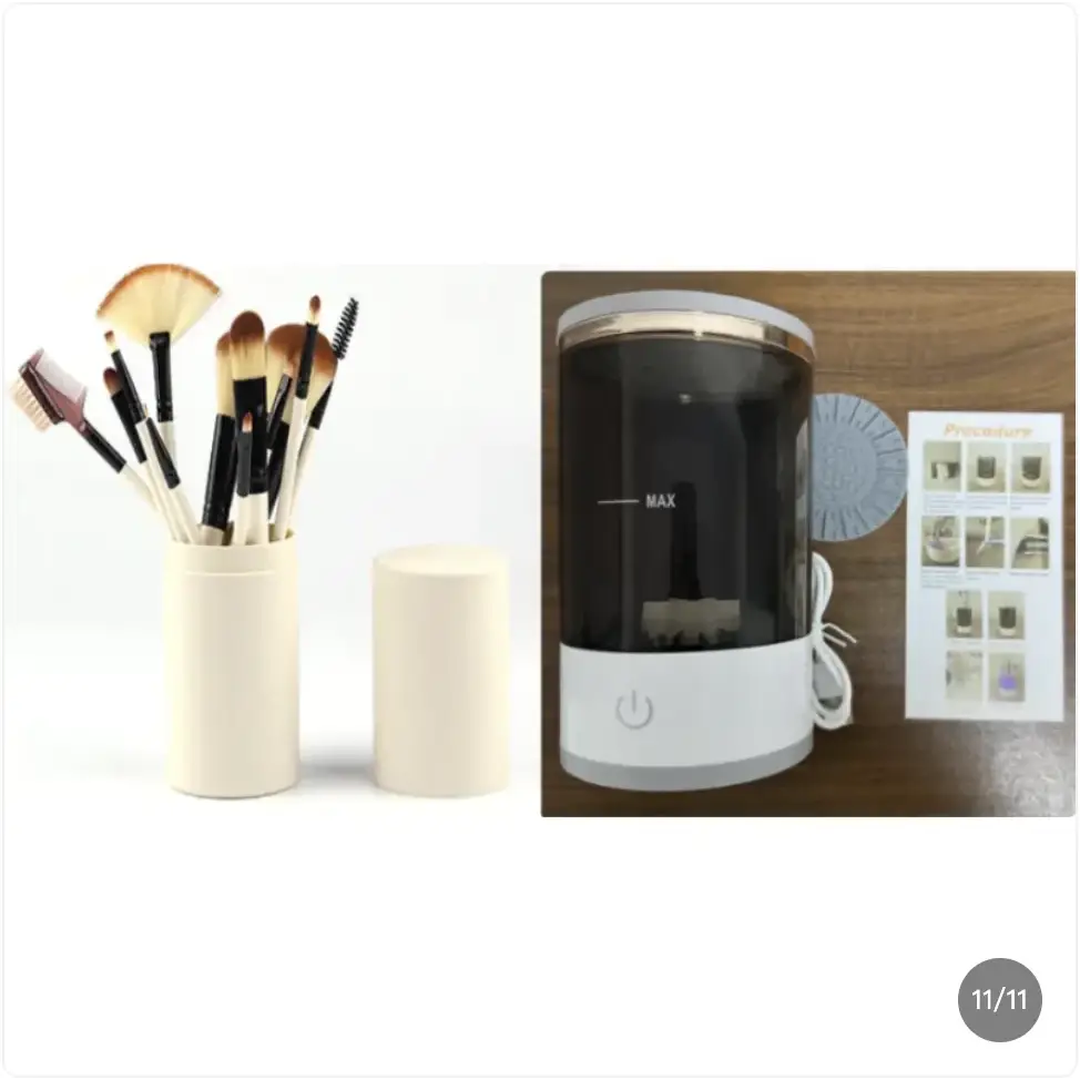White cylindrical makeup brush holder with black and beige handles, accompanied by a matching lid