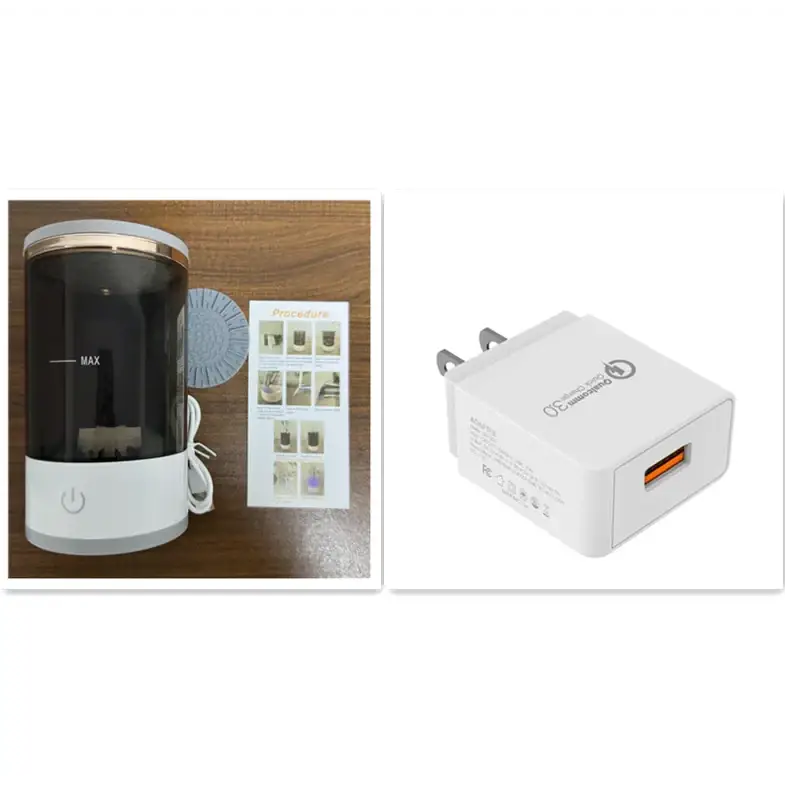 White and rose gold humidifier with a dark glass tank, power button on the base, and included instruction manual.
